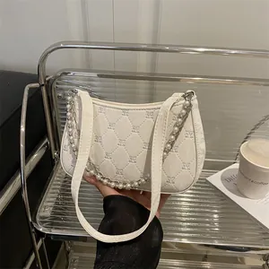 Women Elegant Quilted PU Leather Underarm Bag With Artificial Pearl Decor Chain Shoulder Bag Fashion Hobo Bag For Commute Daily
