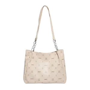 Large capacity off-white tote bag with letter print and metal chain shoulder strap