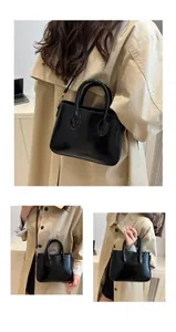 Detailed views of a black glossy handbag showing handheld, shoulder and crossbody styles