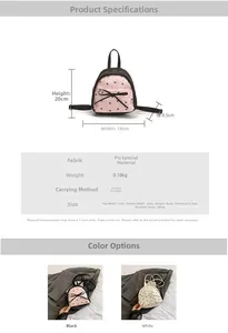 Detailed size guide and specifications for mini PU backpack with bow design and dimensions