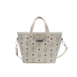Sac seau vintage crème avec imprimés ours et bandoulière réglable amovible