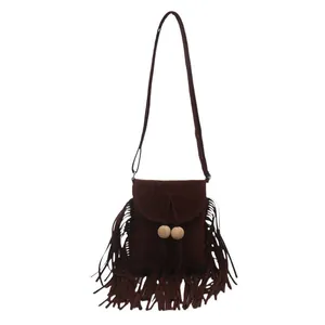 Borsa a tracolla retrò marrone scuro scamosciata con eleganti nappe a frangia