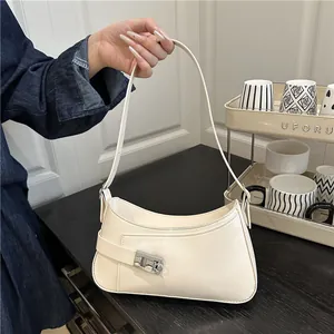 Sac Sous l'Aisselle Femme Minimaliste en Cuir PU Mode Couleur Unie Sac à Épaule avec Boucle en Métal Argenté Retro Hobo