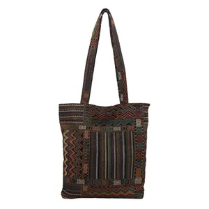 Sac fourre-tout en toile tissée style ethnique avec motifs géométriques pour femmes
