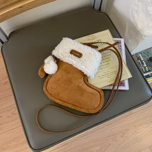 Women Christmas Stocking Boot Shape Crossbody Bag Suede Lamb Plush Small Shoulder Purse With Pom Poms Adjustable Strap Festive Gift