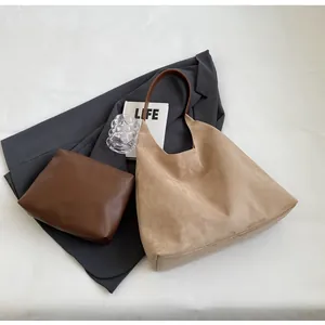 Retro suede tote bag set with brown leather handle and matching clutch purse details