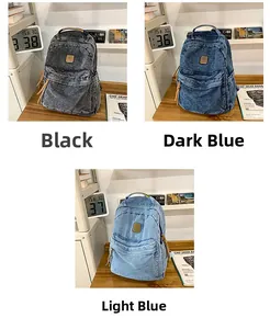 Three colors of denim backpacks showing black, dark blue, and light blue washed fabric detail