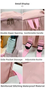 Detailansicht des rosa wasserdichten Rucksacks mit Metallreißverschlüssen und Seitentaschen