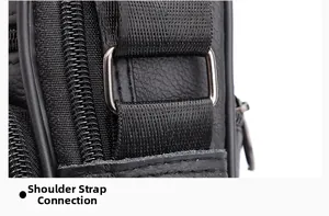 Detailansicht der verstärkten Schultergurtnaht an einer schwarzen Umhängetasche aus Leder