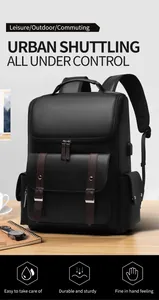 Detailed view of the vintage PU leather backpack featuring USB port and brown belt buckles