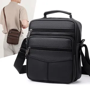 Herren Echtleder Umhängetasche Business Casual Crossbody Bag Litschi Textur Mehrfachtaschen Reisen Messenger Bag Handtasche