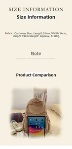 Detailansicht des khakifarbenen Cord-Rucksacks mit Maßen 31x14x39cm und Innenkapazität