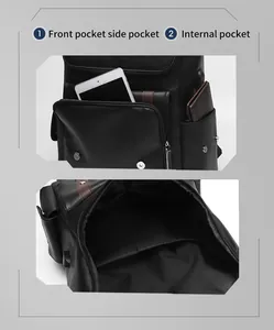Detail view of the multi-functional storage compartments in a vintage PU leather backpack