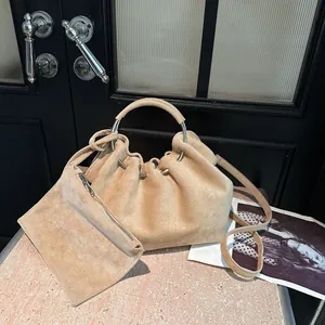 Women Pleated Cloud Bucket Bag Suede Handbag With Silver Ring Handle Large Capacity Crossbody Shoulder Bag For Women