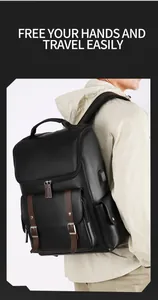 Close-up of side USB charging port on retro PU leather backpack with silver buckle