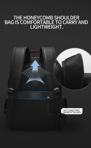 Breathable honeycomb mesh back panel and suitcase attachment strap on black travel backpack