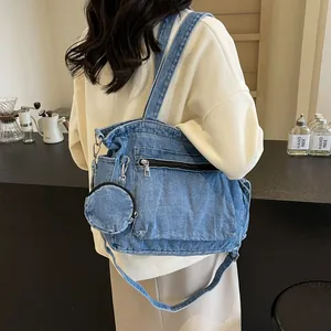 Sac Fourre-tout en Denim Lavé Vintage Pour Femmes Grande Capacité Sac à Bandoulière Avec Porte-monnaie Rond Multi-poches Décontracté