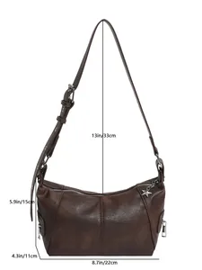 Detailed size specifications of brown pebbled leather shoulder bag with star charm