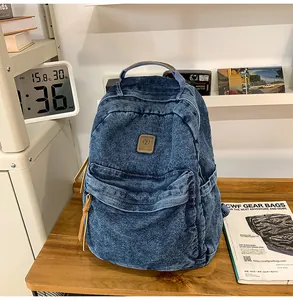 Detail of blue denim backpack with leather logo patch and zipper pulls on a wooden desk