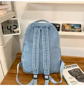Detailed rear view of light blue denim backpack with thick straps and adjusters