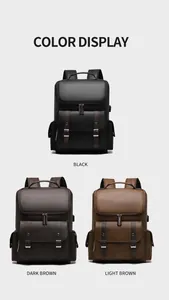 British style PU leather backpacks shown in black, dark brown, and light brown colors