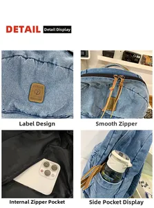 Detail view of denim backpack showing smooth zippers, side pocket, and faux leather label