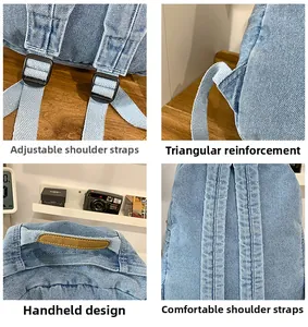 Detail shots of reinforced stitching and adjustable straps on light blue denim backpack