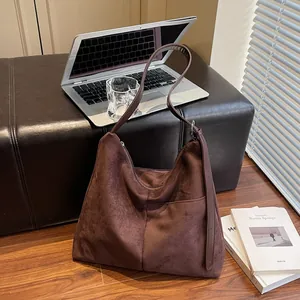 Sac Fourre-tout En Daim Pour Femmes Grande Capacité Sac À Épaule Hobo Minimaliste Couleur Unie Sac À Main De Banlieue Rétro Avec Poche Extérieure