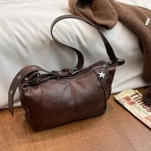 Women's Vintage PU Leather Shoulder Bag Retro Hobo Bag With Star Pendant Adjustable Strap Trendy Underarm Bag For Casual Daily
