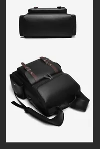 Detailed macro view of vintage PU leather backpack with silver rivets and buckled straps