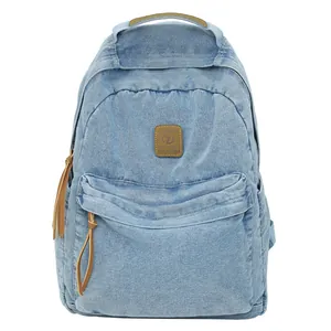 Large denim backpack with brown accents and multiple zip pockets for daily student use