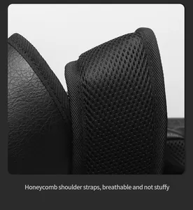 Detail of breathable honeycomb mesh shoulder straps with textured black leather accents