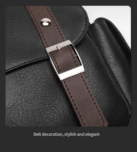 Detail of faux leather texture and silver buckle on the vintage backpack strap