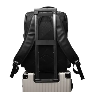 Black vintage PU leather travel backpack with suitcase strap and breathable mesh back