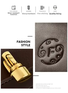 Detail of golden polished lock and embossed letter pattern on brown leather square bag