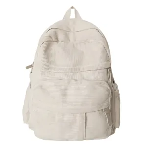 Minimalistischer beiger Cord-Rucksack für Studenten mit weicher Textur und Seitentaschen