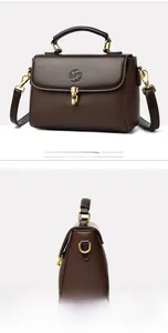Detail view of coffee brown embossed leather square handbag with golden twist lock