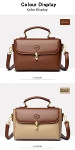 Detail of lychee pattern leather handbag featuring gold metal clasp and embossed logo