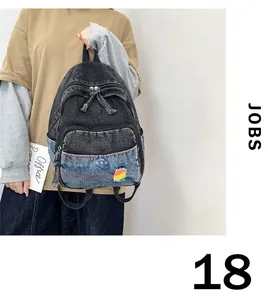 Détail d'un mini sac à dos en denim délavé vintage avec patchwork contrasté et zips