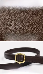 Detail of durable litchi grain leather and gold adjustable buckle on the square bag