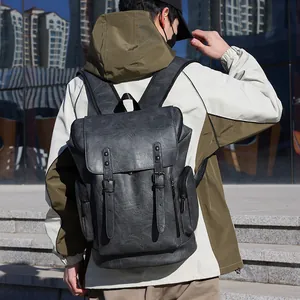 Vintage PU Leather Large Capacity Business Travel Backpack Waterproof Wear Resistant Laptop Bag For Men College Schoolbag
