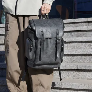 Men's large capacity grey PU leather backpack for business travel and college students