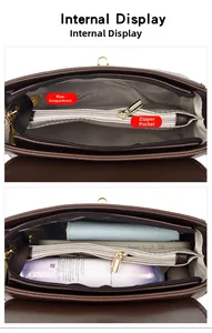 Internal view of the square leather bag showing the multi-layer storage compartments