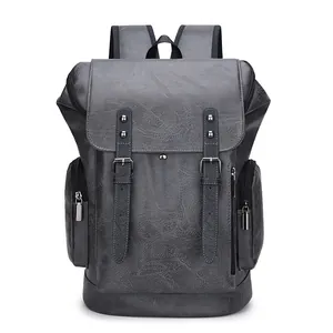 Dark grey PU leather backpack with vintage metal buckles for business and travel