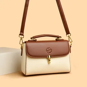 Beige and brown two-tone square doctor bag with golden buckle and textured leather