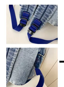 Détail des bretelles en denim délavé avec coutures et boucles de réglage en plastique
