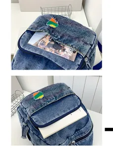 Vue détaillée du mini sac à dos en jean délavé avec patch brodé et bords effilochés