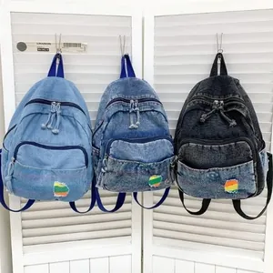 Mini Sac à Dos en Denim Lavé pour Femme Style Harajuku Rétro Ins Sac d'École Étudiant Mode Décontracté Petit Sac à Dos de Voyage Avec Écusson Arc-en-ciel