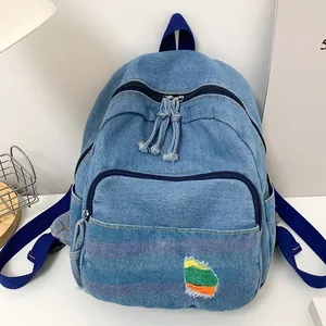 Mini sac à dos en denim délavé bleu clair pour femmes avec empiècement vintage rétro