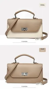 Detalle de bolsos bandolera de cuero bicolor y caqui con cierres giratorios metálicos